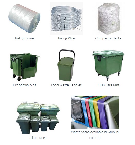 Grid of waste and recycling consumables including baling twine, baling wire, compactor sacks, bins, food waste caddies, bin sizes, and all colours of bin bags and sacks